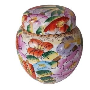 Vtg Chinese Porcelain Ginger Jar with Lid Hand Painted Gold‎ Floral Potpourri